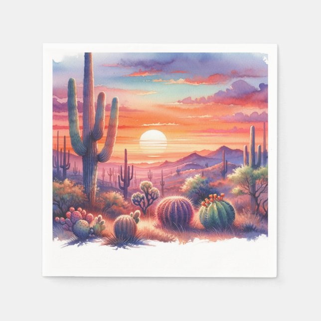 Desert Sunset Glow Watercolor Southwestern Wedding Napkins (Front)
