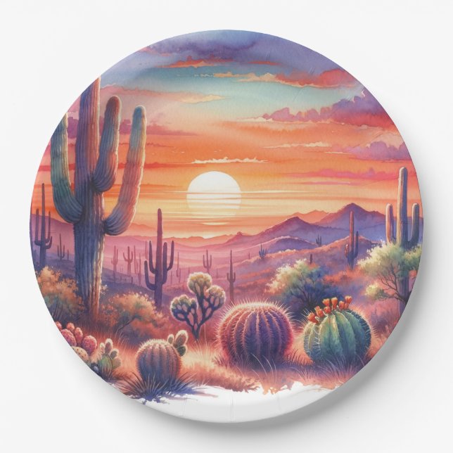 Desert Sunset Glow Watercolor Southwestern Wedding Paper Plates (Front)