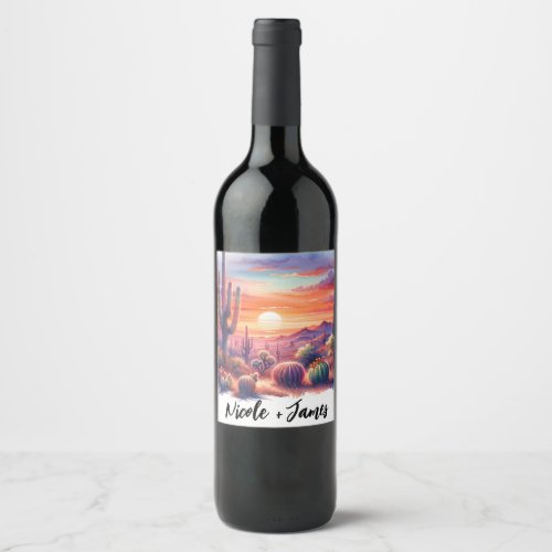 Desert Sunset Glow Watercolor Southwestern Wedding Wine Label