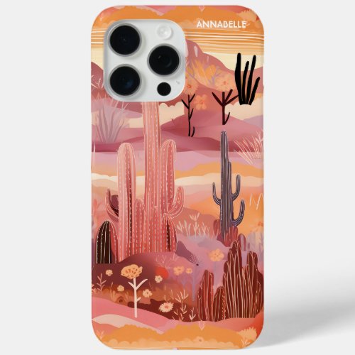 Desert Sunset Modern Cactus Personalized Name iPhone 15 Pro Max Case