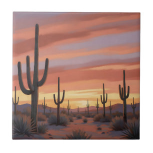 Desert Sunset Saguaro Cactus Landscape Ceramic Tile
