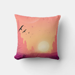 Desert Sunset Scene with Birds – Nature Landscape  Throw Pillow