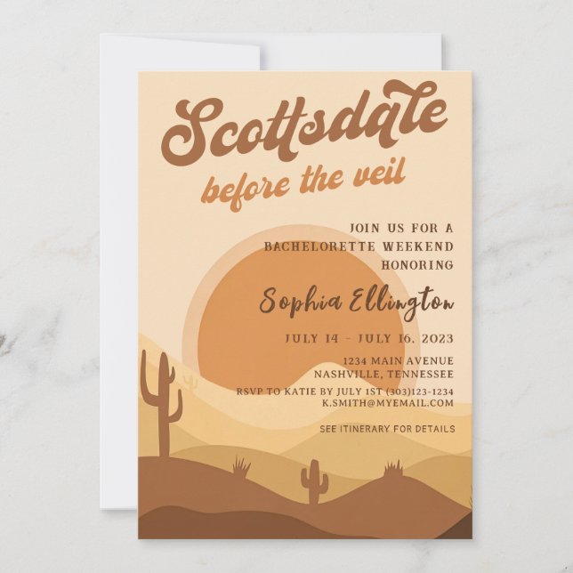 Desert Sunset Scottsdale Bachelorette Itinerary In Invitation (Front)