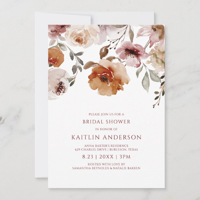Desert Terracotta Dusty Rose Floral Bridal Shower Invitation (Front)