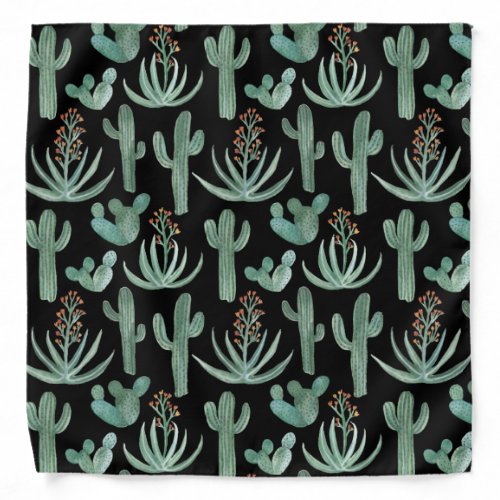 Desert Watercolor Cactus Succulents Green Black Bandana