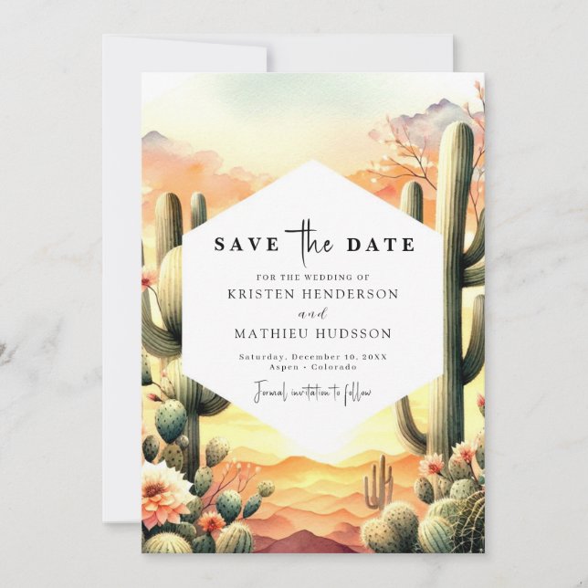 Desert Watercolor Cactus Wedding Save The Date (Front)