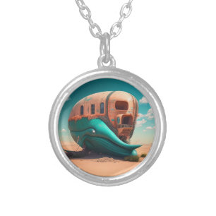 Desert whale house silver plated necklace