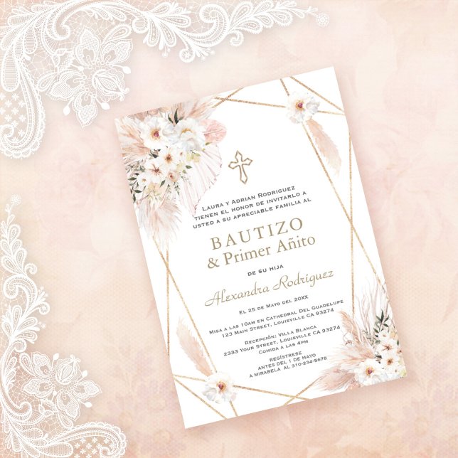 Desert White Floral Spanish 1st Birthday Baptism  Invitation (Creator Uploaded)