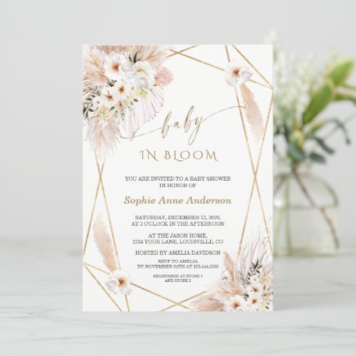 Desert White Roses Gold Leaves Baby in Bloom   Invitation