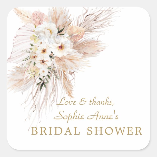 Desert White Roses Pampas Grass Bridal Shower Square Sticker (Front)