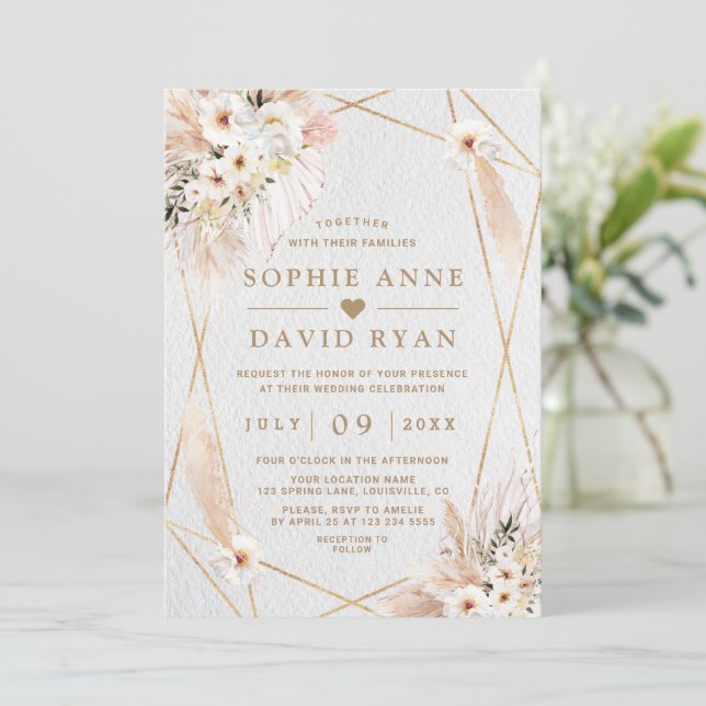 Desert White Roses Pampas Grass Gold Wedding  Invitation (Standing Front)