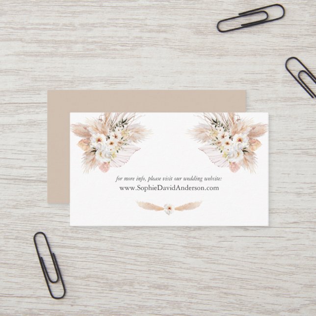 Desert White Roses Pampas Grass Wedding Website   Business Card (Front/Back In Situ)