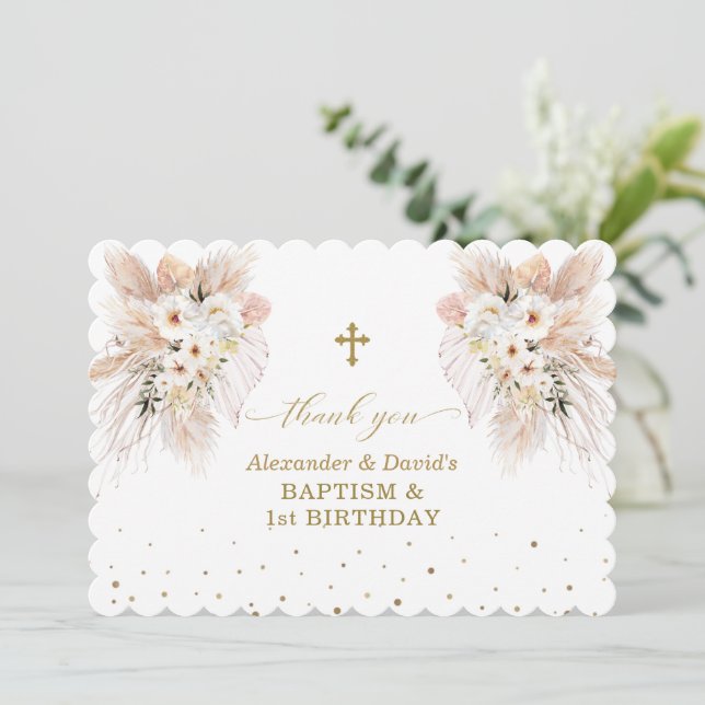 Desert White Roses Twins 1st Birthday Baptism  Thank You Card (Standing Front)