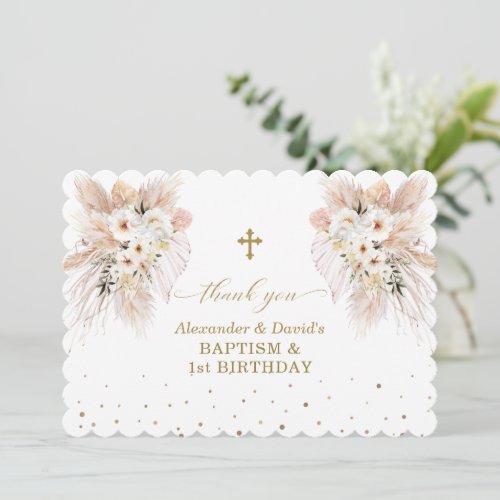 Desert White Roses Twins 1st Birthday Baptism  Thank You Card
