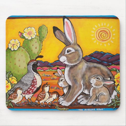 Desert Wildlife Rabbit Quail Yellow Sunrise Cactus Mouse Pad