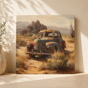 Deserted car in the desert wood wall art