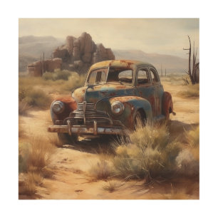 Deserted car in the desert wood wall art