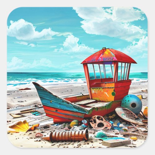 Deserted Old Boat on a Sandy Abandoned Beach Square Sticker
