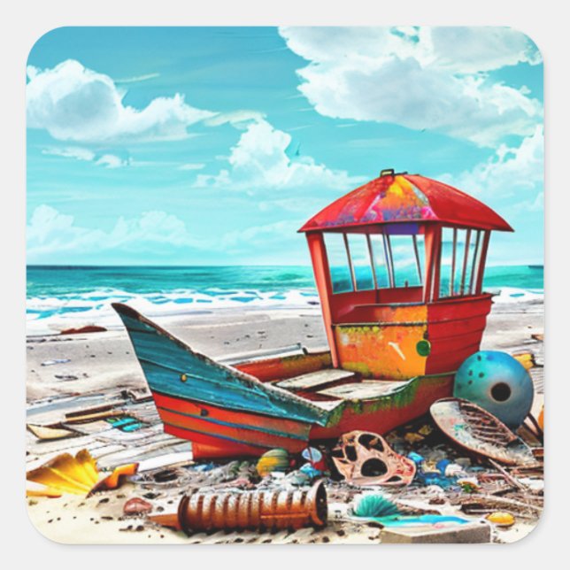 Deserted Old Boat on a Sandy Abandoned Beach Square Sticker (Front)