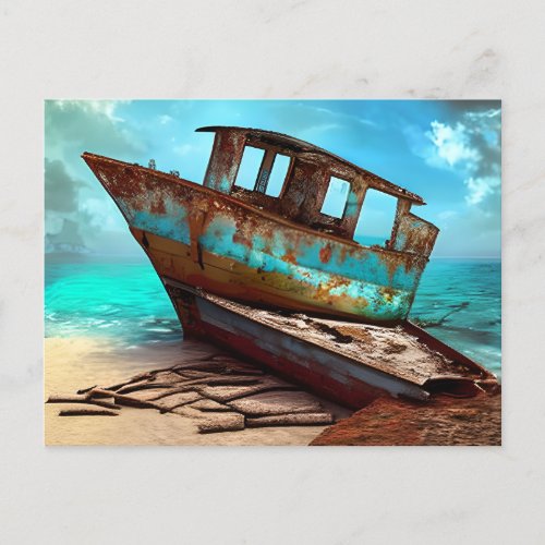 Deserted Old Boat on an Abandoned Sandy Beach Postcard