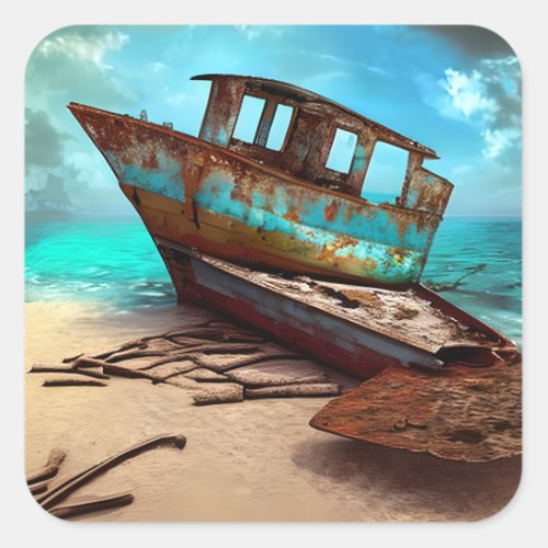 Deserted Old Boat on an Abandoned Sandy Beach Square Sticker