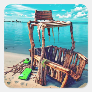 Deserted Old Lifeguard on Abandoned Beach Square Sticker