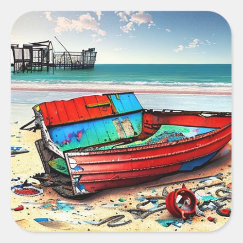 Deserted Old Red Boat and Wreckage on Beach Square Sticker