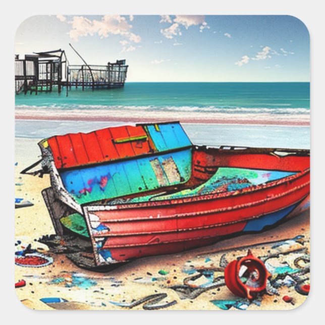 Deserted Old Red Boat and Wreckage on Beach Square Sticker (Front)
