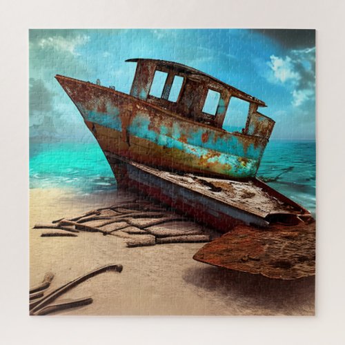 Deserted Old Rusty Boat on a Sandy Abandoned Beach Jigsaw Puzzle