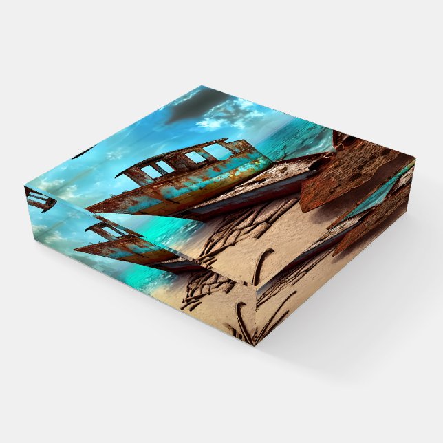 Deserted Old Rusty Boat on a Sandy Abandoned Beach Paperweight (Angled)