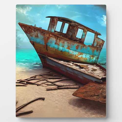 Deserted Old Rusty Boat on a Sandy Abandoned Beach Plaque