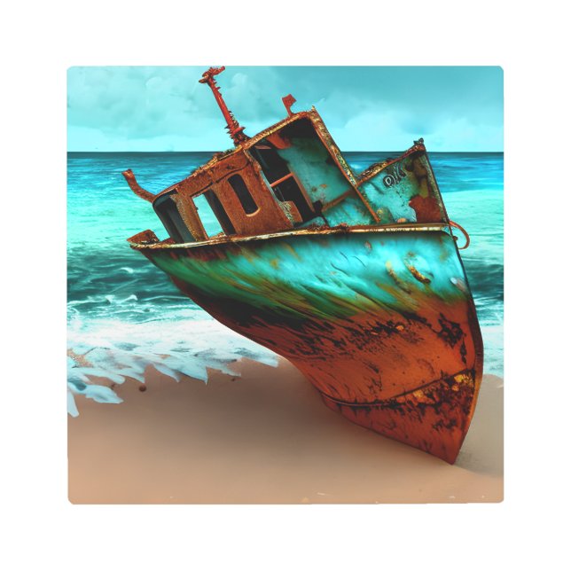 Deserted Ship on a Sandy Beach Metal Print (Front)