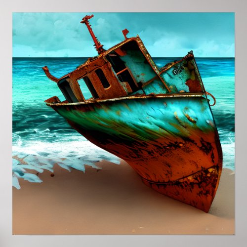 Deserted Ship on a Sandy Beach Poster