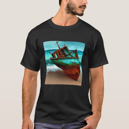 Deserted Ship on a Sandy Beach T_Shirt