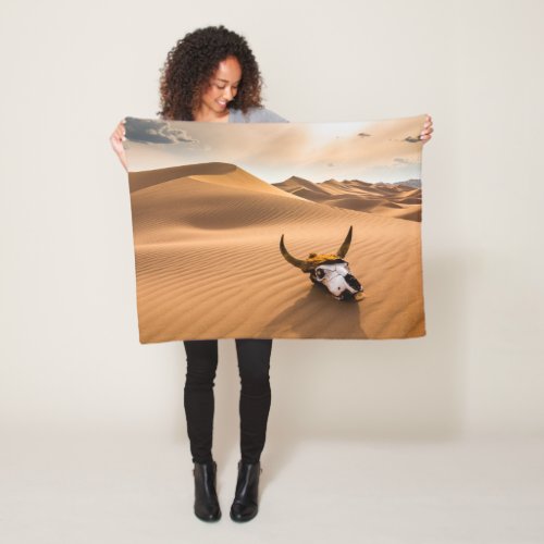 Deserts  Cow Skull Rippled Sand Dunes Fleece Blanket