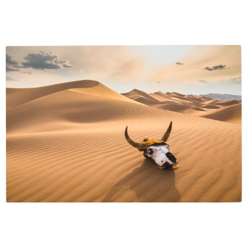 Deserts  Cow Skull Rippled Sand Dunes Metal Print