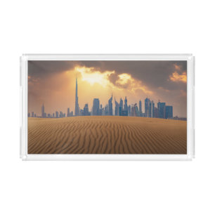 Deserts Dubai's Skyline View from Sand Dune Acrylic Tray