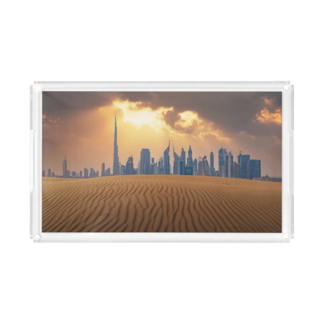 Deserts | Dubai's Skyline View from Sand Dune Acrylic Tray (Front)