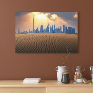 Deserts   Dubai's Skyline View from Sand Dune Canvas Print