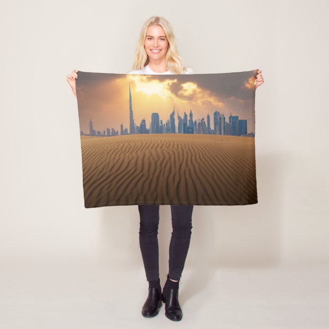 Deserts | Dubai's Skyline View from Sand Dune Fleece Blanket (In Situ)