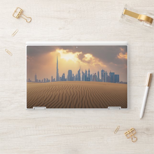 Deserts | Dubai's Skyline View from Sand Dune HP Laptop Skin (Desk)
