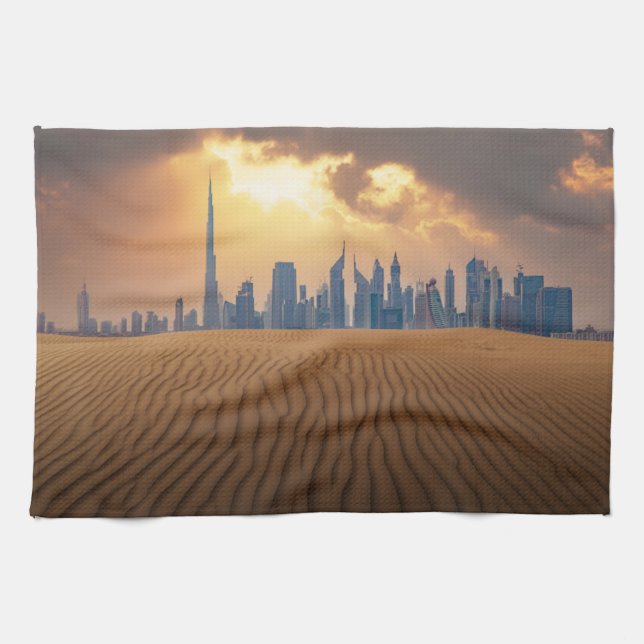 Deserts | Dubai's Skyline View from Sand Dune Kitchen Towel (Horizontal)