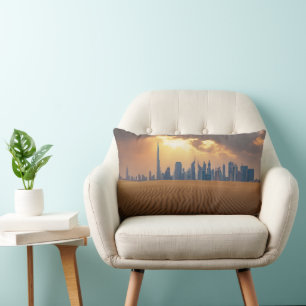 Deserts Dubai's Skyline View from Sand Dune Lumbar Pillow