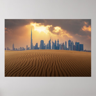 Deserts Dubai's Skyline View from Sand Dune Poster