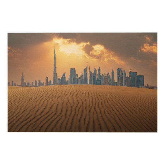Deserts | Dubai's Skyline View from Sand Dune Wood Wall Art (Front)