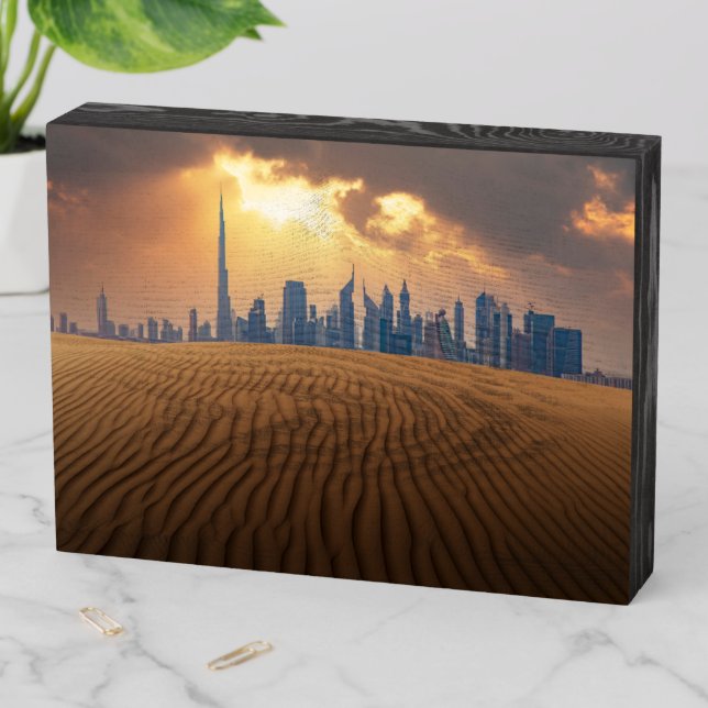 Deserts | Dubai's Skyline View from Sand Dune Wooden Box Sign (In Situ Horizontal)