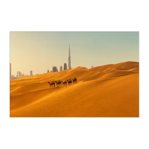 Deserts  Dubais Skyline View with Camels Acrylic Print