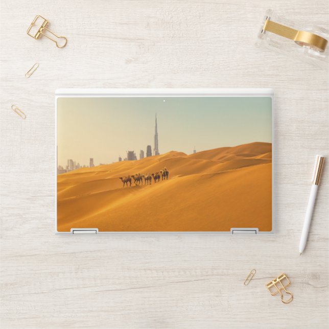 Deserts | Dubai's Skyline View with Camels HP Laptop Skin (Desk)
