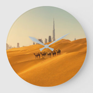 Deserts   Dubai's Skyline View with Camels Large Clock