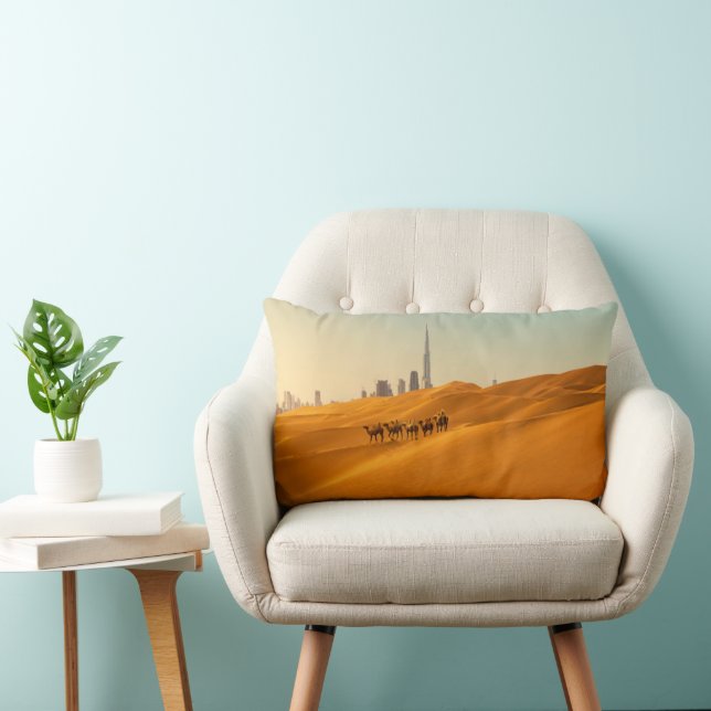 Deserts | Dubai's Skyline View with Camels Lumbar Pillow (Chair)